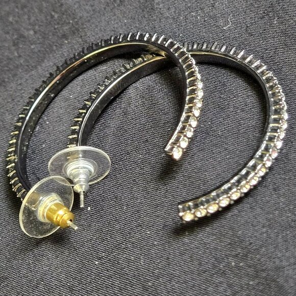 Sparkling Rhinestone Hoop Earrings Smokey Silver Tone Crystal Pave Round Hoops - Picture 4 of 6